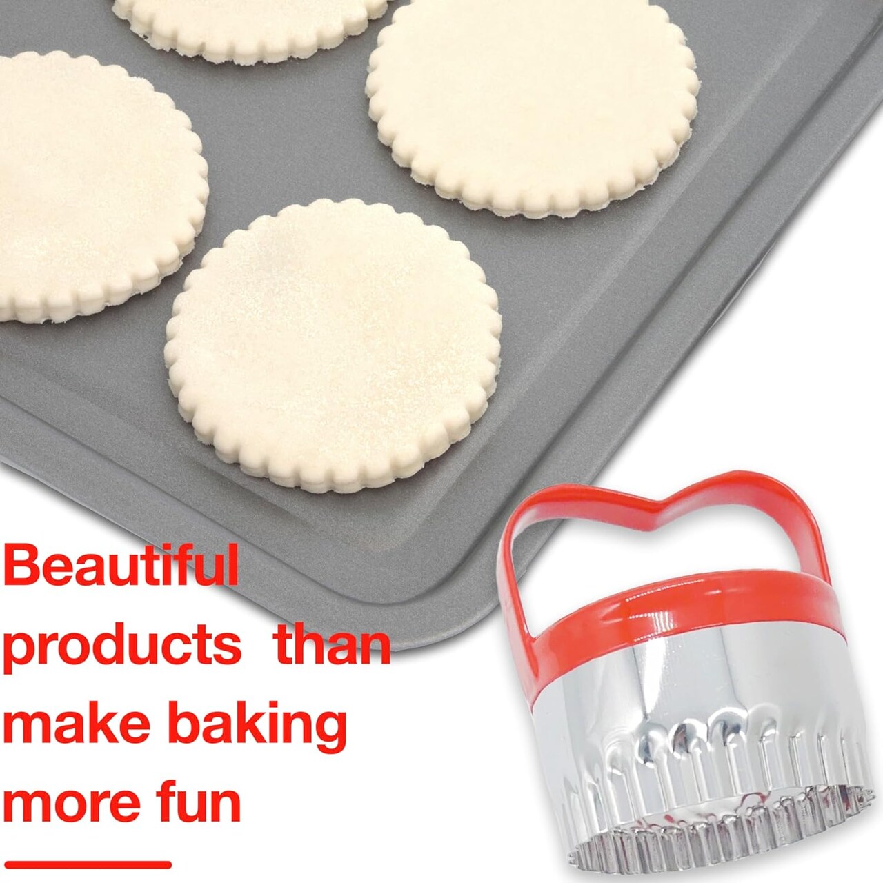 3 Pcs Biscuit Cutter Set Fluted Round Cookie Cutters Handle Red Top Rubber